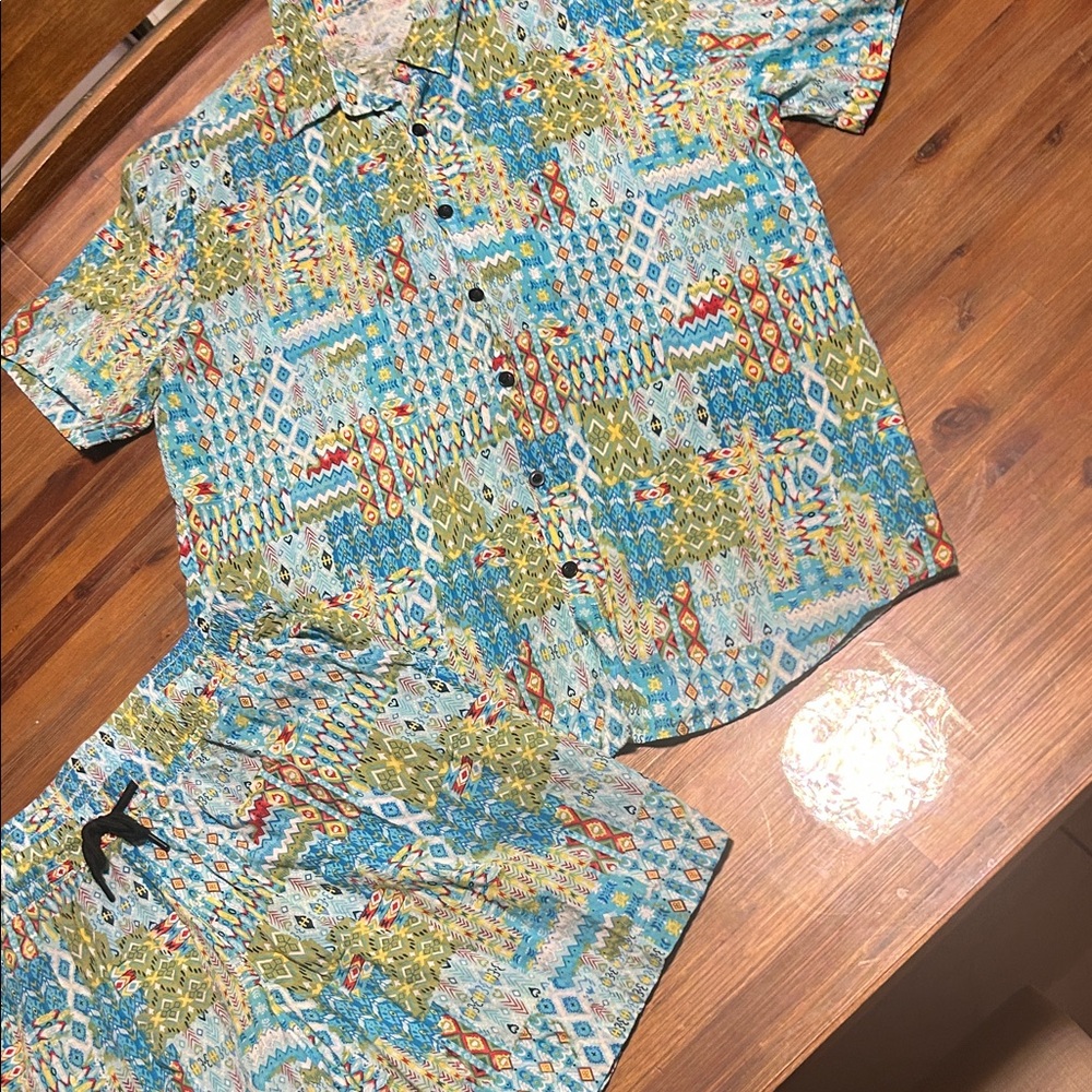 Men's Multicolor Geometric Button Down Shirt and matching shorts!